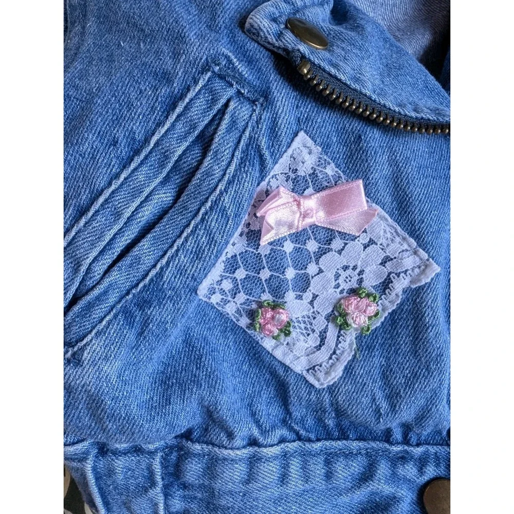 Vintage Toddler Denim Jean Jacket 12 Months Lace 90s Cottagecore Y2K Bows Moto